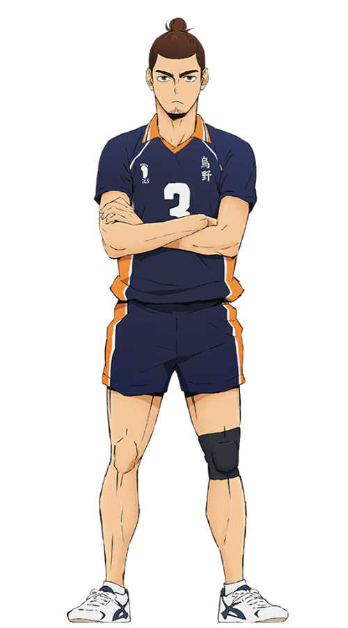 Azumane Asahi, con una expresión seria y los brazos cruzados, está vestido con el uniforme principal del equipo con el número 3 y trae sujeto el cabello.