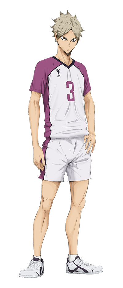 Eita semi, con su uniforme principal del equipo de Shiratorizawa con el número 3, tiene una mano en la cintura y su cabello en punta.