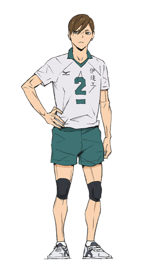 Futakuchi Kenji, con su uniforme principal del equipo de Dateko con el número 2, tiene la mano derecha en la cintura y su mirada hacia el mismo lado, lleva dos rodilleras