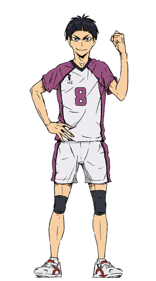 Goshiki Tsutomu, con su uniforme principal del equipo de Shiratorizawa con el número 8, tiene el antebrazo izquierdo levantado y la mano en puño, su otra