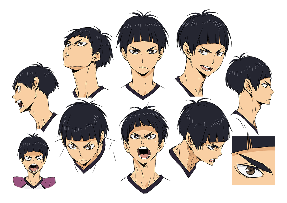 Goshiki Tsutomu Model Sheet, en el que se presentan distintas expresiónes y ángulos del personaje.