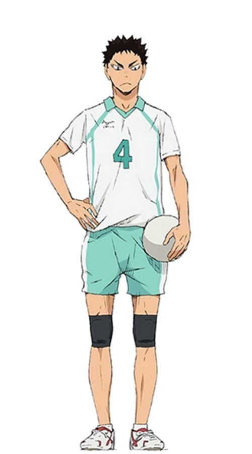 Iwaizumi Hajime, con su uniforme principal del equipo de Aoba Johsai con el número 4, lleva cargando un balón en el brazo izquierdo y tiene una expresión de enojo en el rostro 