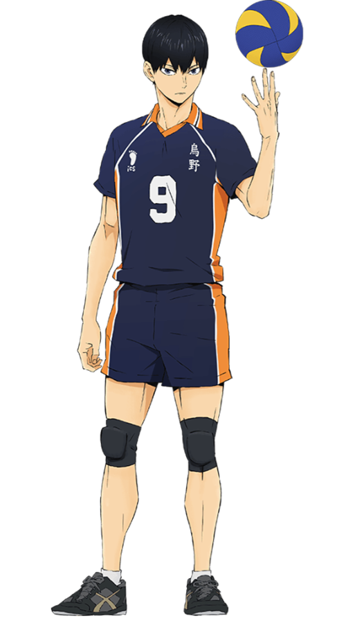 Kageyama Tobio, sosteniendo un balón con la punta de sus dedos mientras mira hacía enfrente, tiene puesto su uniforme de principal de voleibol que lleva el número 9 en el.
