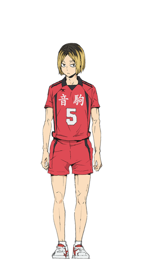 Kenma Kozume, vistiendo su uniforme principal de equipo con el número 5 siendo el rojo su principal color, tiene una expresión seria en el rostro,