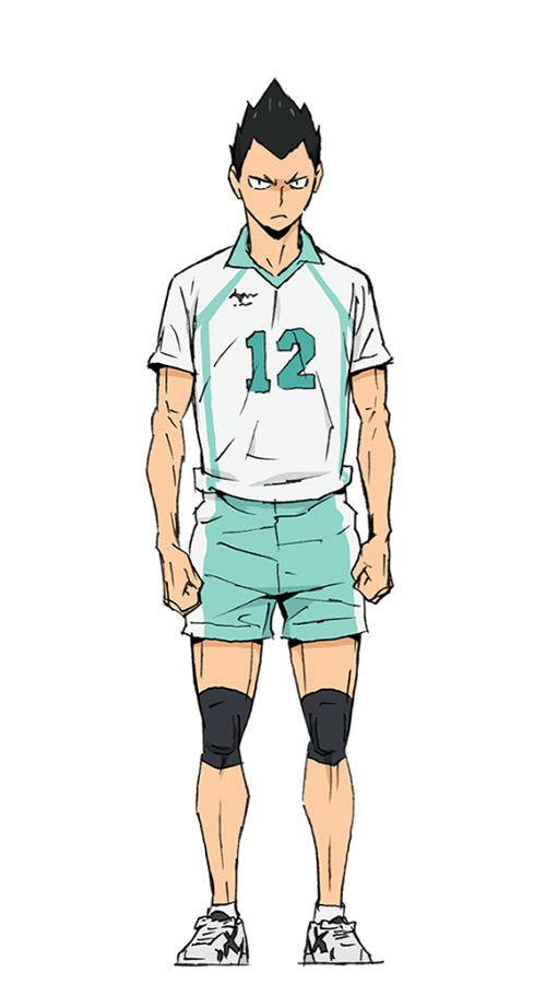 Kindaichi Yutaro, con su uniforme principal del equipo de Aoba Johsai con el número 12, tiene los brazos a los costados y sus manos están en puño, tiene el seño fruncido