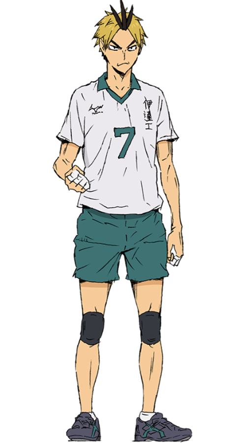 Koganegawa Kanji, con su uniforme principal del equipo de Dateko con el número 7, lleva dos rodilleras, tiene la mano derecha alzada y en puño a la altura de la cintura, en su manos podemos observar que lleva cintas blancas 