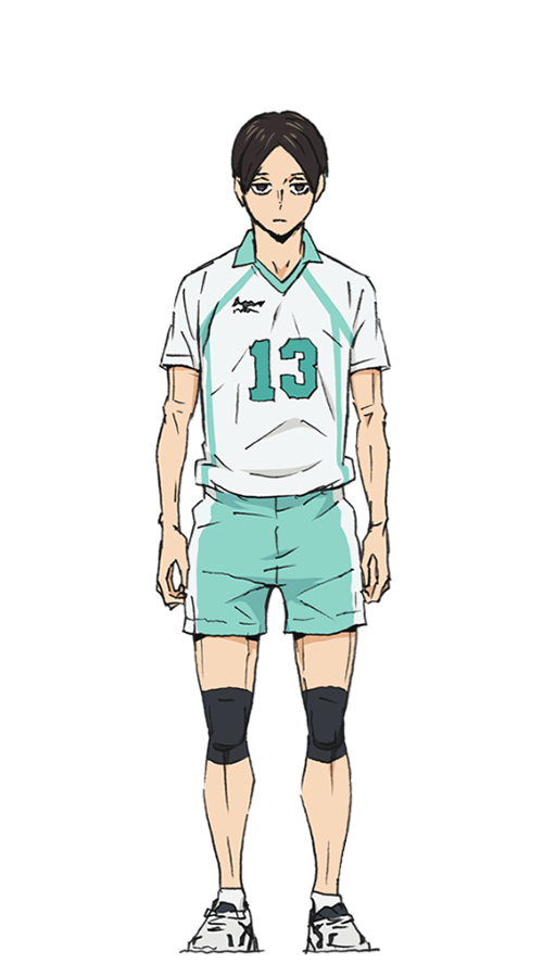 Kunimi Akira, con su uniforme principal del equipo de Aoba Johsai con el número 13, su postura es relajada y su peinado va dividido a la mitad