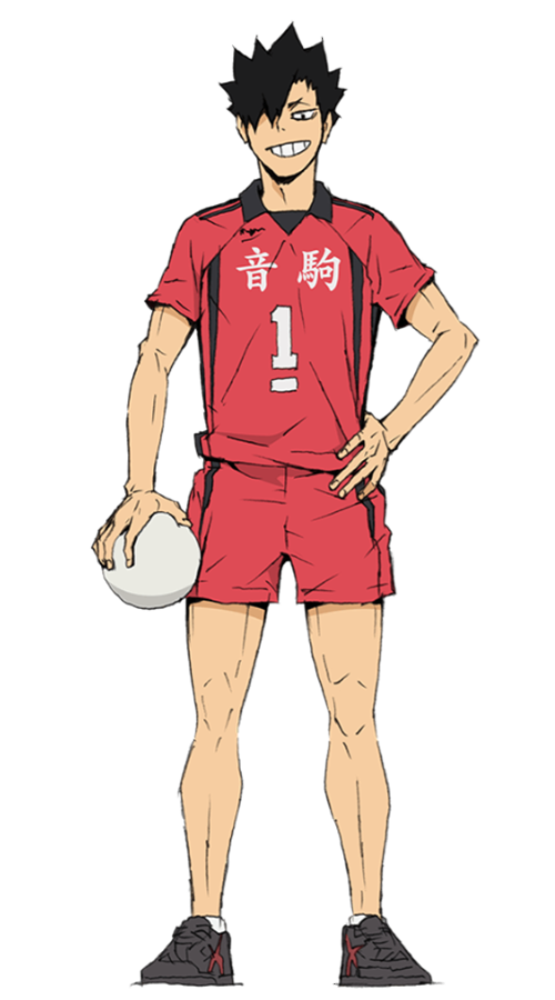Kuroo Tetsuro, con su uniforme principal del equipo con el número 1, lleva consigo un balón blanco y se encuentra sonriendo