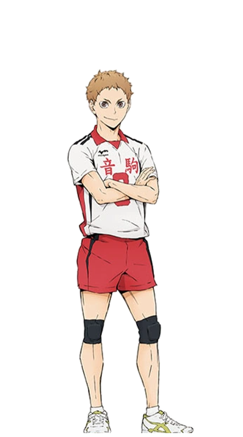Morisuke Yaku, lleva puesto su uniforme principal de libero con el número 3 que se caracteriza por tener como color principal el blanco, lleva tenis blancos y se encuentra cruzado de brazos