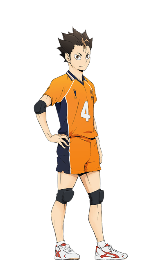 Nishinoya Yu, a 3/4 con una mano en la cintura y mirando al frente, con su uniforme principal de libero este es naranja debido a su papel en el equipo con el número 4.