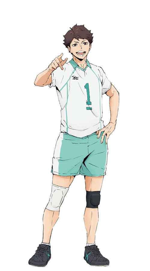 Oikawa Tooru, con su uniforme principal del equipo de Aoba Johsai con el número 1, lleva rodilleras de distinto color siendo una blanca y la otra negra, tiene una pose de burla y se encuentra señalando con una sonrisa en el rostro