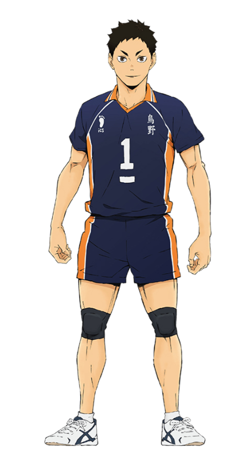 Sawamura Daichi sonriendo, vestido con su uniforme principal de voleibol con el número 1, con ambos brazos a los costados mientras sonrie.