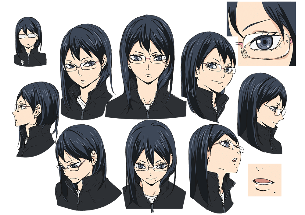 Shimizu Kiyoko Model Sheets, en el que se presentan distintas expresiónes y ángulos del personaje.