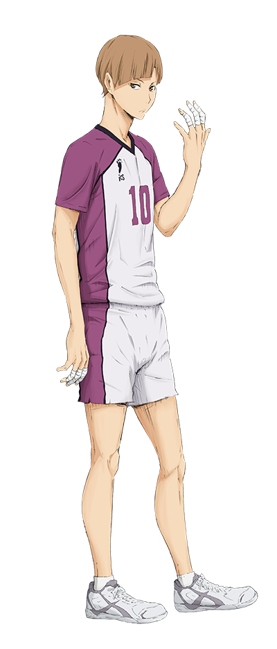 Shirabu Kenjiro, con su uniforme principal del equipo de Shiratorizawa con el número 10, tiene el antebrazo izquierdo levantado y la mano extendida, en los dedos de su mano izquierda tiene cintas blancas