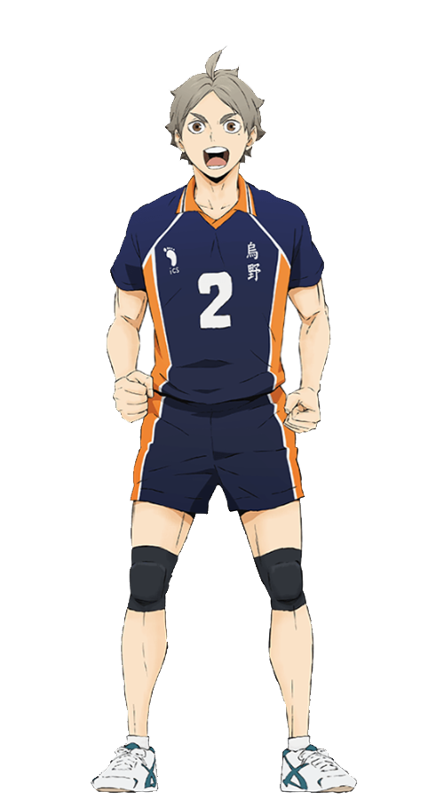 Sugawara Koshi, dando animos con una expresión fuerte, está vestido con el uniforme principal del equipo con el número 2 y tiene las manos en puño.