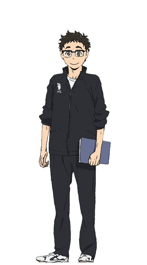 Takeda Ittetsu, con uniforme de deportes y sosteniendo una agenda, está sonriente y lleva puestas sus gafas.