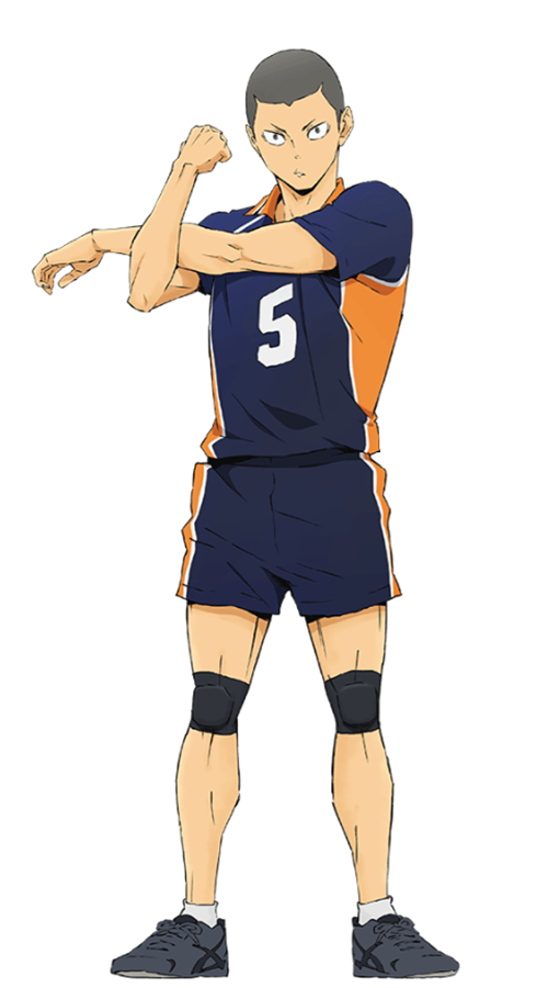 Tanaka Ryunosuke, haciendo estiramiento con ambos brazos mientras mira al frente, trae puesto el uniforme principal del equipo con el número 5.