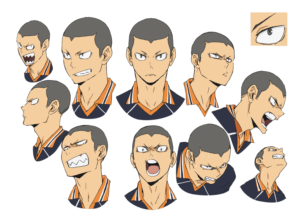 Tanaka Ryunosuke Model Sheets, en el que se presentan distintas expresiónes y ángulos del personaje.