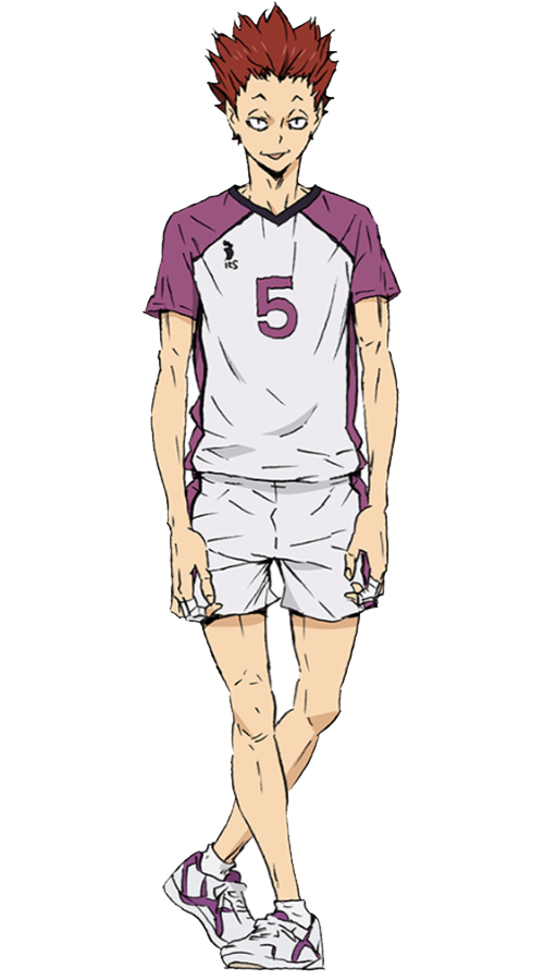 Tendo Satori, con su uniforme principal del equipo de Shiratorizawa con el número 5, en los dedos de sus manos tiene cinta blanca