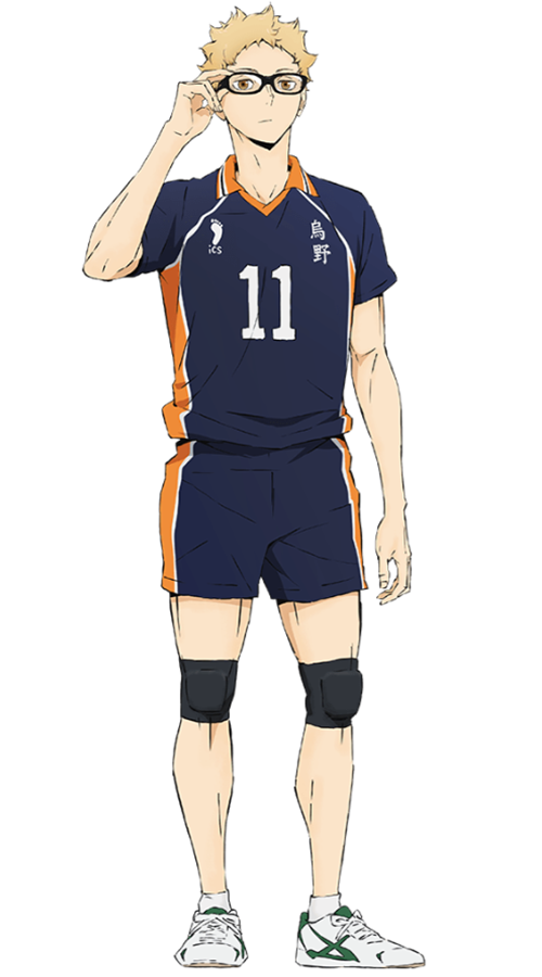 Tsukishima Kei, mirando desde arriba y acomodando sus lentes especiales para jugar voleibol, lleva puesto su uniforme principal con el número 11 y trae tenis blancos.