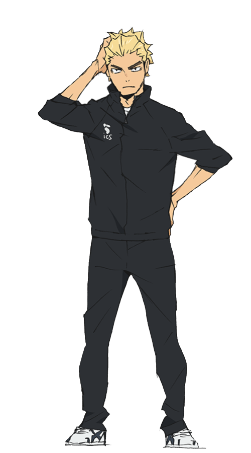 Ukai Keishin, con ropa de deportes de color negro, está rascandose la cabeza y con la otra mano en la cadera, tiene una expresión pensativa.
