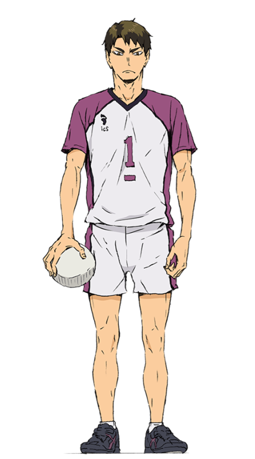 Ushijima Wakatoshi, con su uniforme principal del equipo de voleibol de Shiratorizawa con el número 1, sosteniendo un balón blanco